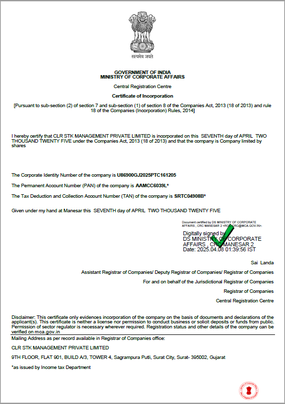 Certificate of Incorporation - CLR STK Management Private Limited