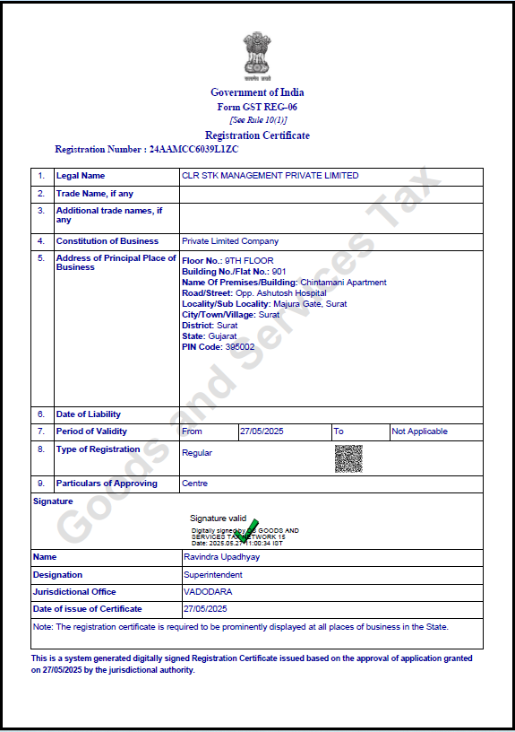 GST Registration Certificate - CLR STK Management Private Limited