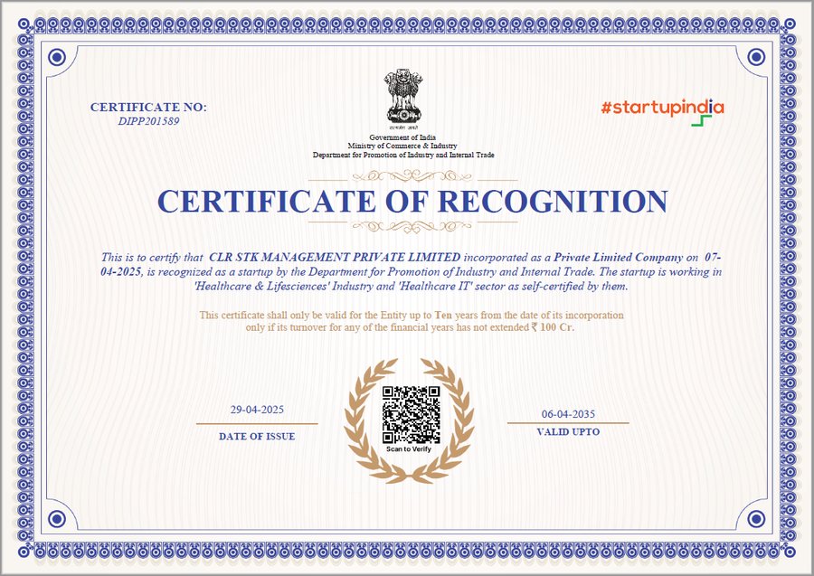 Startup India Certificate of Recognition - CLR STK Management Private Limited